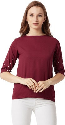 Miss Chase Casual Half Sleeve Embellished Women Maroon Top