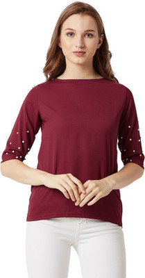 Miss Chase Casual Half Sleeve Embellished Women Maroon Top