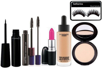 

catherine Eyelashes, Mac Liquid Eyelinear, Hauty Naughty Mascara, Matte finish Lipstick, Studio Fix Fond De Teint Foundation, Studio Fix Compact(Set of 6)