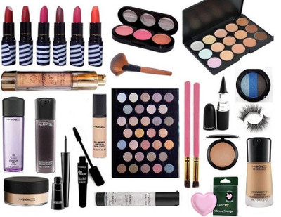 

fancify Silicon Puff & Mac mineralize Foundation & Pro longwear Concealer,Pearl Primer,Studio Fix Compact,Eye Makeup Remover,Face serum,face Loose powder,prem+Prime Highlight & Matte Finish Lipstick 5 Shades,3 Shades blusher,Makeup Brush 3,Liquid Eyeliner