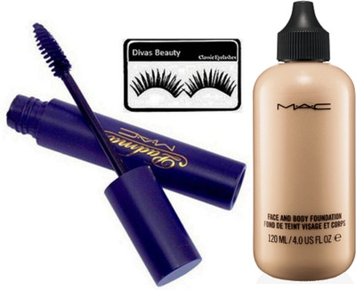 

divas beauty Eyelashes & Mac Padma Mascara, Liquid Foundation Face & Body 120 ml(Set of 3)