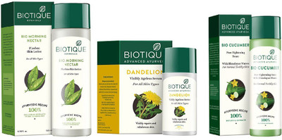 

BIOTIQUE BIO Morning Nectar Flawless Skin Moisturizer, Cucumber Pore Tightening Toner, Dandelion Ageless Lightening Serum(Set of 3)