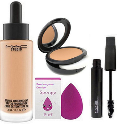 

Pro longwear combo Sponge Puff, Mac Studio Waterweight SPF 30 Found De Teint , Studio Fix Compact & Hauty And Naughty Mascara(Set of 4)