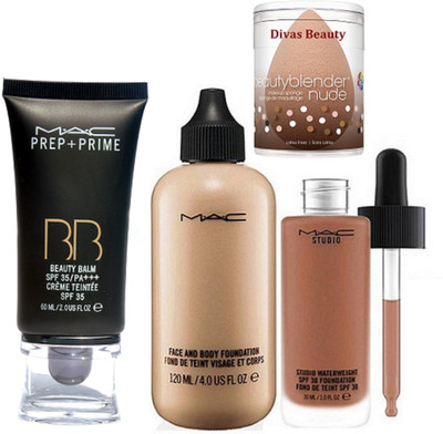

divas beauty Sponge Puff & Mac Face And Body Foundation & Mac Studio Waterwight Liquid Foundation, Prep+Prime BB BEauty Balm Cream Foundation(Set of 4)