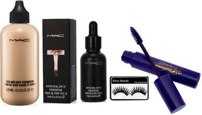 

divas beauty Eyelashes & Mac Padma Mascara, Hyper Real SPF 15 Foundation, Liquid Foundation Face & Body 120 ml(Set of 4)