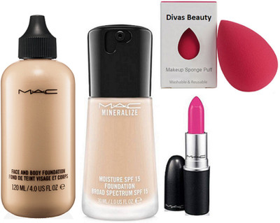 

divas beauty sponge puff & mac minearlize moisture spf 15 liquid foundation & mac matte finish pink lipstick, Liquid Foundation Face & Body 120 ml(Set of 4)