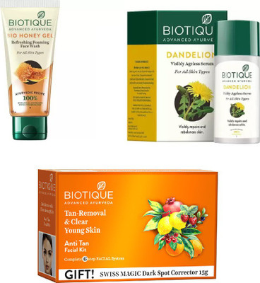 

BIOTIQUE BIO anti-tan facial kit, Dandelion Ageless Lightening Serum, Honey Oil Refreshing Foaming Face Wash(Set of 3)