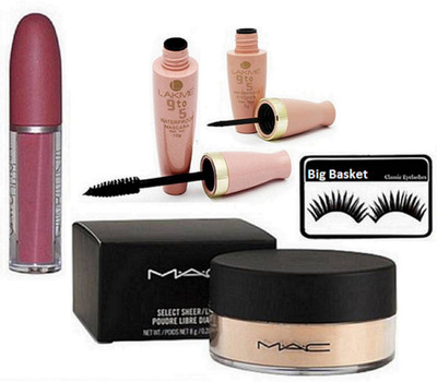 

big Basket Eyelashes, select sheer Mac Loose Powder,Liquid Lip Gloss With 9to5 Waterproof Eyeliner & Mascara(Set of 5)