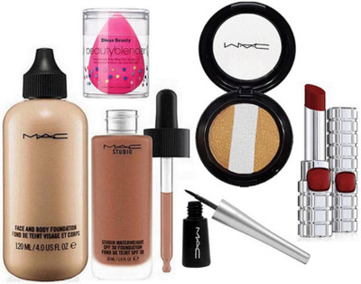 

divas beauty Sponge Puff & Mac Face And Body Foundation & Mac Studio Waterwight Liquid Foundation, Super Slick Liquid Eyeliner, Eyeshadow Fard A Joues Miniralize, Loreal Shine Lipstick By Color Riche(Set of 6)