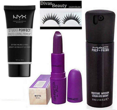 

divas beauty Eyelashes And Mac Prep + Prime Moisture Infusion Serum Hydratant & Giambattista Royal Lipstick, Nyx Studio Perfect Photo-loving Face Primer Gel 30 Ml(Set of 4)