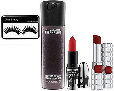 

divas beauty Eyelashes With Moisture Serum & mac Dark Red Lipstick, Loreal Shine Lipstick By Color Riche(Set of 4)
