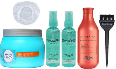 

Divas Beauty Hair Brush, Shower Cap, L'oreal Deep Nourishing Creambath 490 Gm Hair Spa, Streax Pro Hair Serum Set Of 2, Series Expert Instant Clear Anti-dandruff Shampoo 300ml(Set of 6)