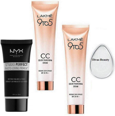 

divas beauty silicone puff & 9 to 5 CC color transform cream beige instant skin stylist (pack of 2), NYX Studio Perfect Photo-Loving Face Primer Gel 30 ml(Set of 4)