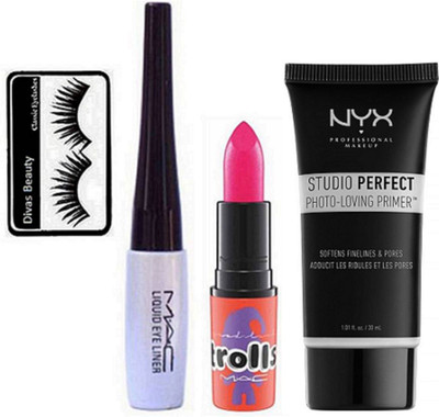

divas beauty Eyelashes, MAC Liquid Eyeliner & Trolls Matte Lipstick, NYX Studio Perfect Photo-Loving Face Primer Gel 30 ml(Set of 4)