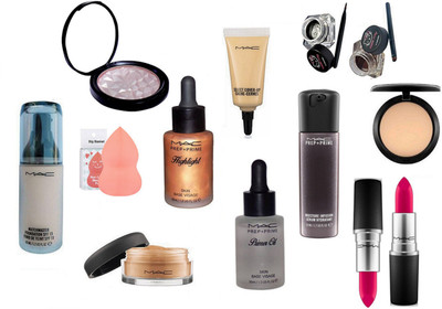 

big basket Sponge Puff, Mac Matchmaster Foundation,Studio Fix Compact,Prep+Prime Primer Oil,Matte Finish Lipstick(2),Loose Powder,Hello Kitty Liner,Select Cover-up,Prep+Prime Moisture Infusion Serum Hydratant,Highlight,Selena Beauty Makeup Illuminator(Set