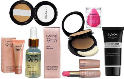 Divas Beauty Sponge Puff & 9To5 Gold Radiance Face Serum & Weightless Mousse Fundation & Lipistick, Mac Two Way Compact, Eyeshadow Fard A Joues Miniralize, NYX Studio Perfect Photo-Loving Face Primer Gel 30 ml(Set of 7)