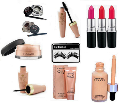 

big basket Eyelashes, Mac Loose Powder,Hello Kitty Liner,Matte Finish Lipstick (Set of 3),Studio Waterwight Foundation,9to5 Liner&Mascara,Mousse Foundation.(Set of 10)