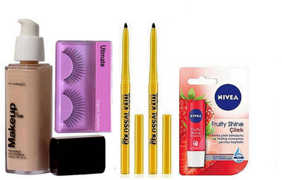 

Ultimate Eyelashes, May Colossal K. Pack Of 2, Mac Makeup 24hr Pro Long Wear Spf 10 Foundation, Nivea Fruity Shine Lipbalm(Set of 5)