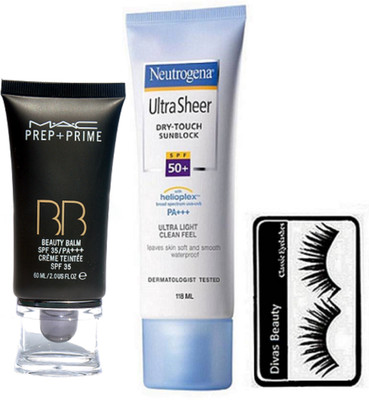 

divas beauty Eyelashes, Neutrogena Ultra Sheer Dry-Touch Sunblock SPF50, Mac Prep+Prime BB BEauty Balm Cream Foundation(Set of 3)