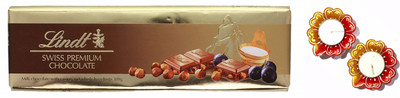 

Lindt Diwali Combo of Swiss premium Gold Milk Raisins Chocolate 300gm with 2 Pcs of Handmade Diyas Combo(3)