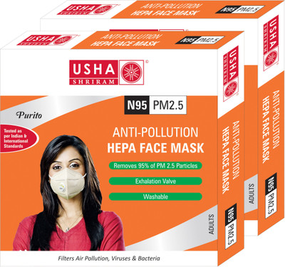 

Usha Shriram Purito N95 PM2.5 HEPA Anti Pollution Face Mask (Pack of 2) Air Mask FM1993 Mask and Respirator