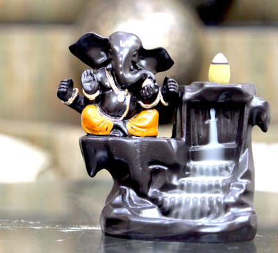 Craft Junction Handcrafted Big Size Lord Ganesha Smoke Backflow Cone Incense Holder With 10 Incense Cones Decorative Showpiece - 13 cm(Polyresin, Multicolor)