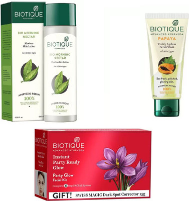 

BIOTIQUE BIO PARTY GLOW FACIAL KIT, Morning Nectar Flawless Skin Moisturizer, papaya face wash(Set of 3)