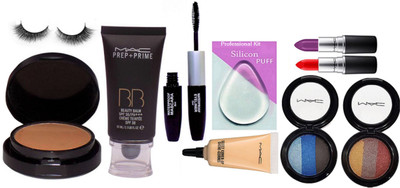 

Professional kit Silicon Puff, Prep Prime BB Beauty Balm Foundation,2 Way Compact, Select Cover-Up,3 Shades Eyeshedow, Matte Finish Lipstick & Color Bar 2 In 1 Eyeliner+Mascara With Eyelashes(Set of 10)