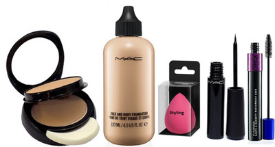 

styling Sponge Puff,Mac 2 Way Compact,Face & Body Foundation,Liquid Eyeliner And Double Effect Mascara(Set of 5)