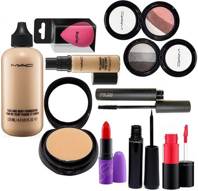 

styling sopnge Puff,Mac Face & Body Foundation,2 Way Compact,Pro Longwear Concealer,Selena Lipstick, Mac Lip Gloss, Liquid EyeLuiner,Haute & Noughty Mascara And 2 Eyeshadow 3 Shades(Set of 10)