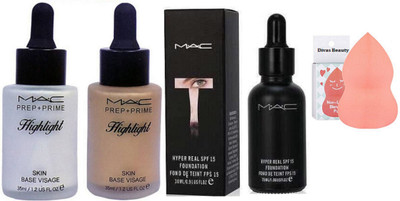

divas beauty Sponge Puff & Mac Prep+Prime Highlight (Pack Of 2 With Hyper Real SPF 15 Foundation(Set of 4)
