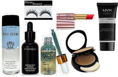 

Divas Beauty Eyelashes, Mac Two Way Compact, Hyper Real Foundation, 9to5 Face Serum, Matte Lipstick, Bobbi Brown Instant Long Wear Makeup Remover, NYX Studio Perfect Photo-Loving Face Primer Gel 30 ml(Set of 7)