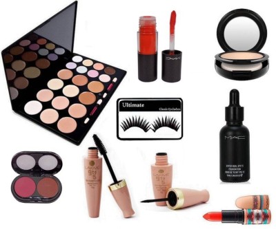 

Ultimate Eyelashes And Mac Hyper Real foundation With 2 Shade blusher,Studio FIx Compact,20 Shade Concealer Palette,Lip Gloss,Matte Finish Lipstick,9to5 Eyeliner And Mascara(Set of 9)