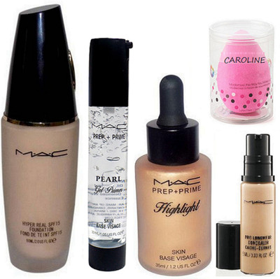 

CAROLINE Sponge Puff, Mac Hyper real Foundation, Pro Longwear Concealer, Prep+Prime Pearl Gel Primer, Highlighter(Set of 5)