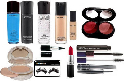 

Ultimate Eyelashes With Mac Makeup Remover, Prep+Prime Skin base , Visage Primer & Moisture Infusion Face Serum With Match master SPF 15 Foundation , Lightful Two Way Mirror Compact & Two Shade Blusher ,Black Stick Kajal & Eyeliner,mascara With lipstick &