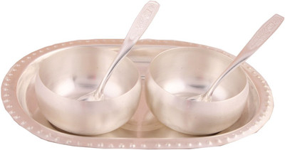 

Shreeng Shreeng Silver Plated 3" Met Finish Bowl Set With oval Tray 5 Pcs. Bowl Spoon Tray Serving Set(Pack of 5)