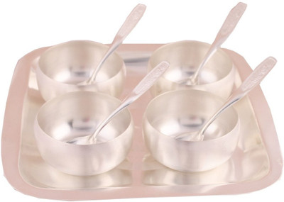 

Shreeng Silver Plated 3" Met Finish Bowl Set With Rectangle Tray 9 Pcs. Stainless Steel Decorative Platter(Silver, Pack of 9)