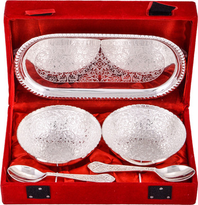 

Ellegent 2 Flower Design Bowl With Tray & Spoon Silver Plated Decorative Platter(Silver, Pack of 5)