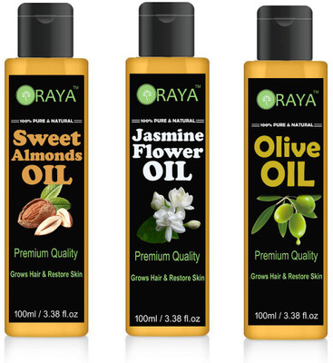 

ORAYA 100% Pure & Natural Sweet Almond oil And Jasmine ( Chameli) Oil And Extra Light Virgin Olive Oil Hair Oil Skin Oil-300ml-PACK OF-3-BOTTLE Hair Oil(300 ml)