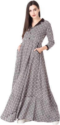 God Bless Women Printed Flared Kurta(Grey)