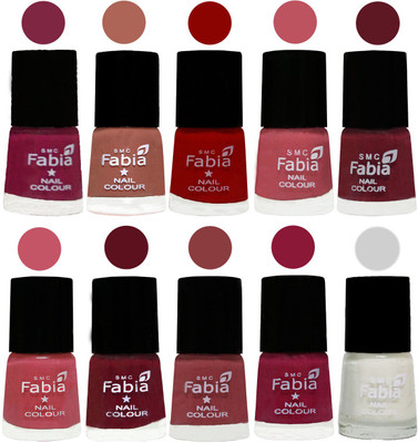 

FABIA Matte Nail Polish Combo/Multicolor Nail Polish/Mix Color/Combo Color Set of 10pcs(6ml each) 110202058 Dark Magenta-Coral-Red-Coral Pink -Jam-Light Pink-Maroon-Dark Nude-Pure Wine-White(Pack of 10)