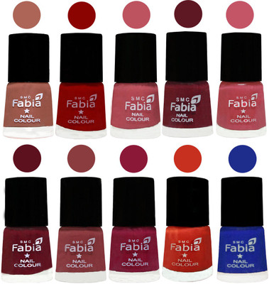 

FABIA Matte Nail Polish Combo/Multicolor Nail Polish/Mix Color/Combo Color Set of 10pcs(6ml each) 110202067 Coral-Red-Coral Pink -Jam-Light Pink-Maroon-Dark Nude-Pure Wine-Orange-Shock Blue Dark(Pack of 10)