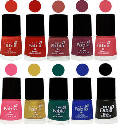 

FABIA Matte Nail Polish Combo/Multicolor Nail Polish/Mix Color/Combo Color Set of 10pcs(6ml each) 110202122 Orange-Reddish Red-Dark Peach-Plum-Punch Pink-Shock Pink Light-Mattis gold-Pine Green-Shock Blue Dark-Black(Pack of 10)