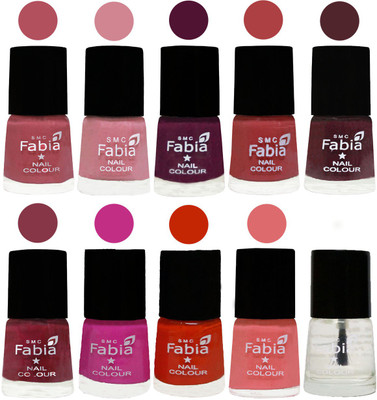 

FABIA Nail Polish Combo/Multicolor Nail Polish/Mix Color/Combo Color Set of 10pcs(6ml each) 110201902 Mauve Pink-Rose-Boysenberry-Peach-Wine-Wine Red-Pink Pink-Fire Orange-Baby Pink-Top Coat(Pack of 10)