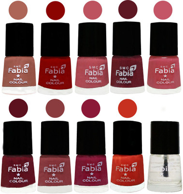 

FABIA Matte Nail Polish Combo/Multicolor Nail Polish/Mix Color/Combo Color Set of 10pcs(6ml each) 110202068 Coral-Red-Coral Pink -Jam-Light Pink-Maroon-Dark Nude-Pure Wine-Orange-Top Coat(Pack of 10)