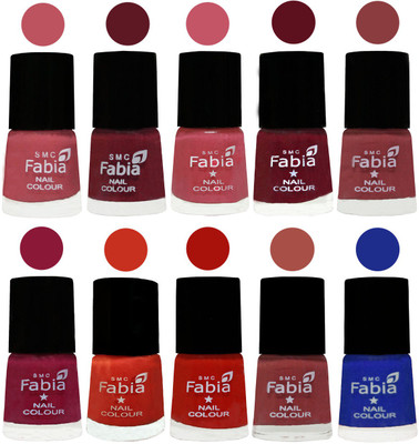

FABIA Nail Polish Combo/Multicolor Nail Polish/Mix Color/Combo Color Set of 10pcs(6ml each) 110201902 Coral Pink -Jam-Light Pink-Maroon-Dark Nude-Pure Wine-Orange-Reddish Red-Dark Peach-Shock Blue Dark(Pack of 10)