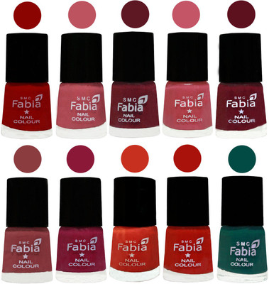 

FABIA Nail Polish Combo/Multicolor Nail Polish/Mix Color/Combo Color Set of 10pcs(6ml each) 110201902 Red-Coral Pink -Jam-Light Pink-Maroon-Dark Nude-Pure Wine-Orange-Reddish Red-Pine Green(Pack of 10)