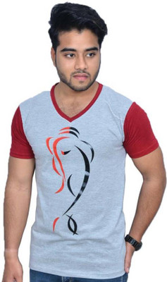 Himgiri International Graphic Print Men V-Neck Red, Grey T-Shirt