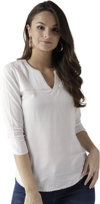 Marc Loire Casual 3/4 Sleeve Solid Women White Top