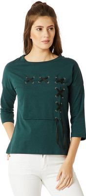 Miss Chase Casual 3/4 Sleeve Color Block Women Green Top